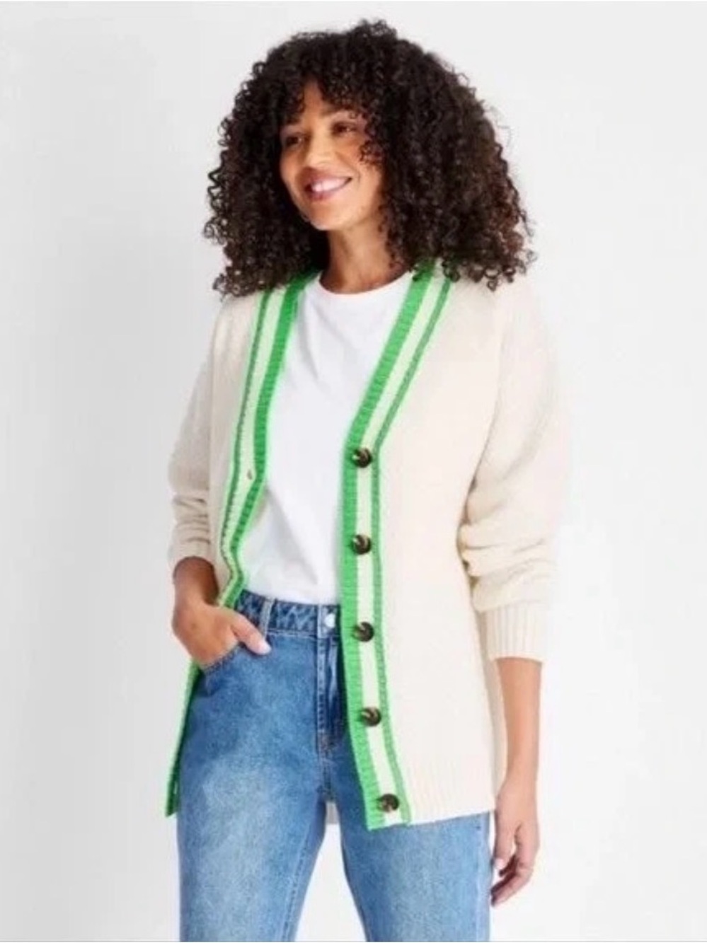 Future Collective Kahlana Barfield Brown Varsity Cardigan Cream Green Small Wool